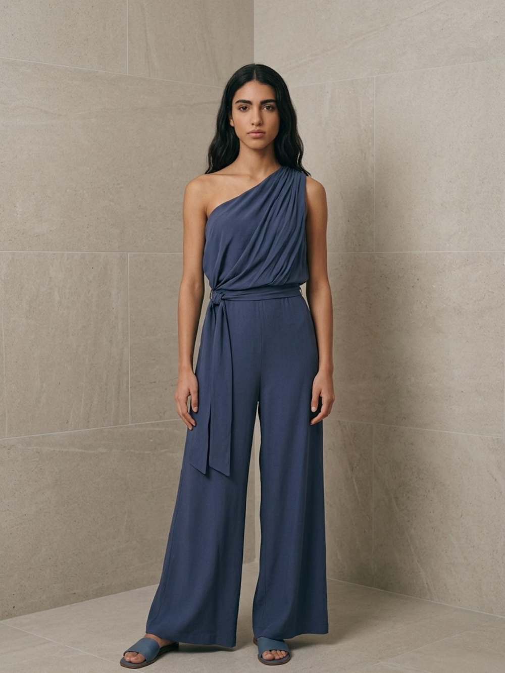 DO+BE One-Shoulder Navy Wide-Leg Jumpsuit